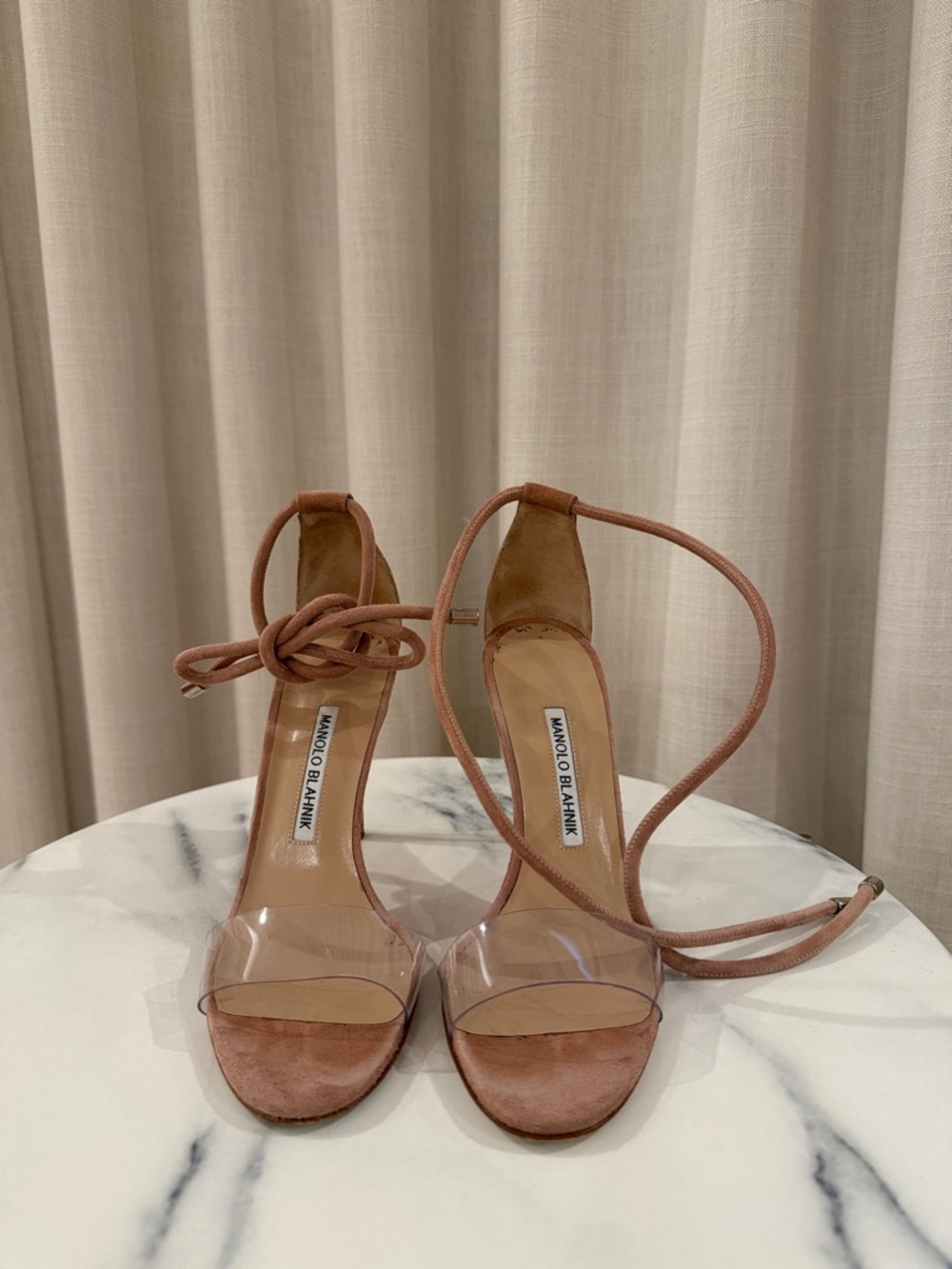 Manolo Blahnik Tan Suede & Clear PVC Ankle-Tie Sandals